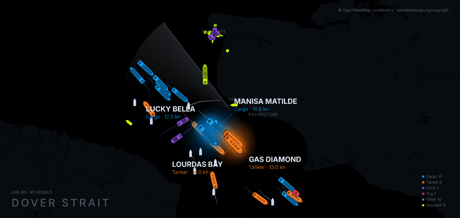 Portsviews showing ships in the Dover Strait over a dark coastline map: moving ships in their type colours with a wake behind each, stopped ships in yellow-green, and the largest ships named.